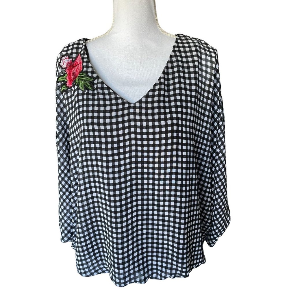 Coco Bianco Black and White Checkered Blouse with Pink Floral Accent